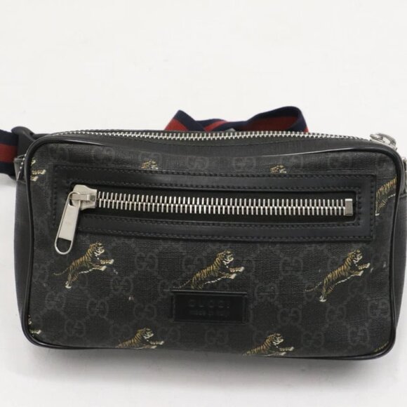 GUCCI Logo GG Pattern Tiger Bum Bag Supreme Leather - Black - Picture 1 of 15